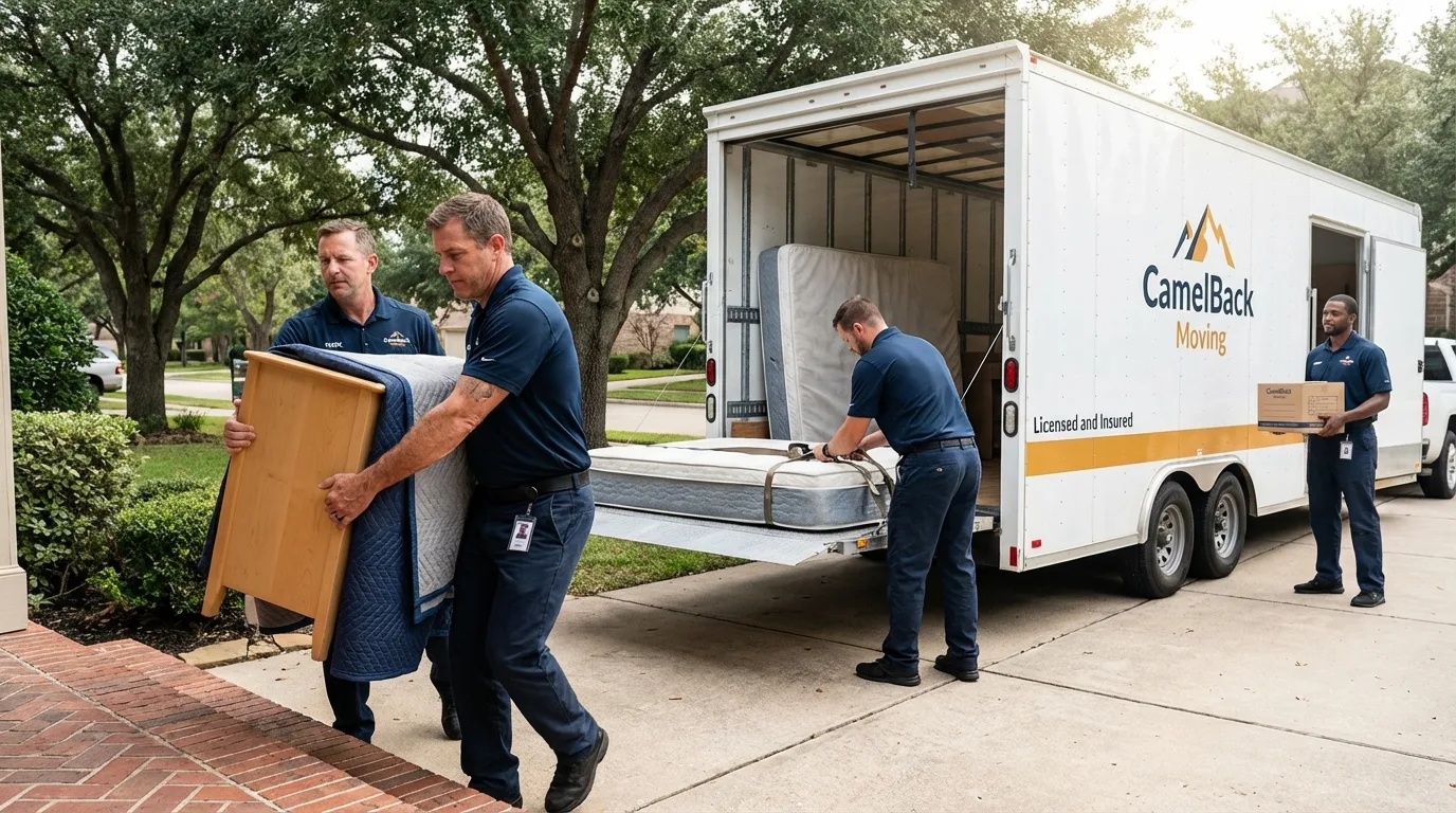 Crew loading residential truck for cross-state move from Springtown, TX