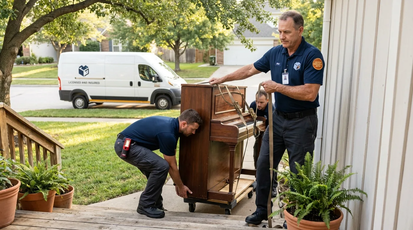 Licensed piano movers securing grand piano in Springtown, TX