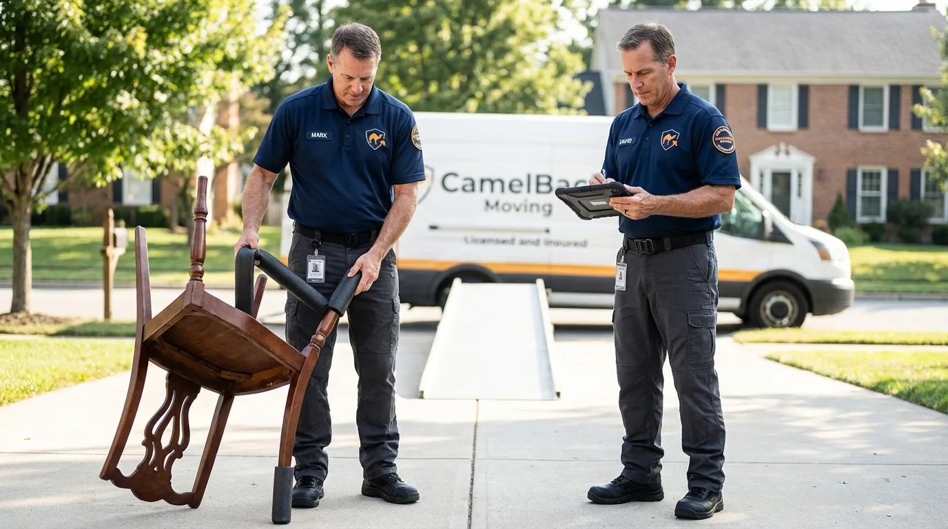 Movers inspecting furniture for damage prevention before loading in Springtown, TX