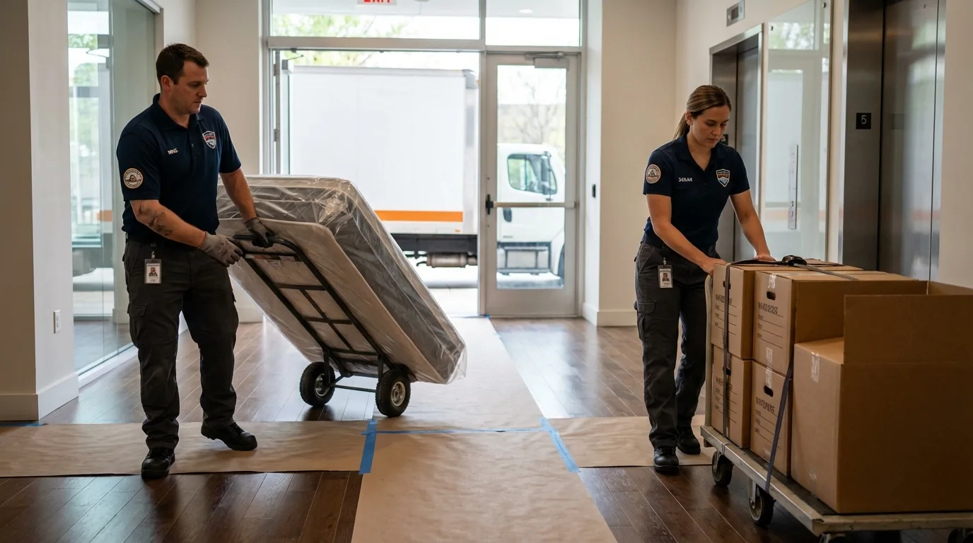 Professional apartment movers loading elevator in Springtown, TX